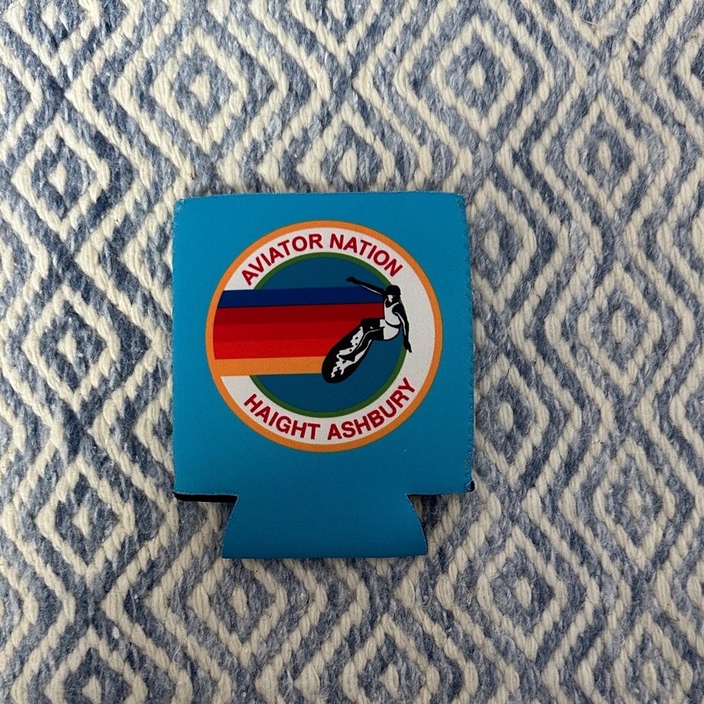 Aviator Nation Blue Logo Can Cooler with Rainbow Emblem